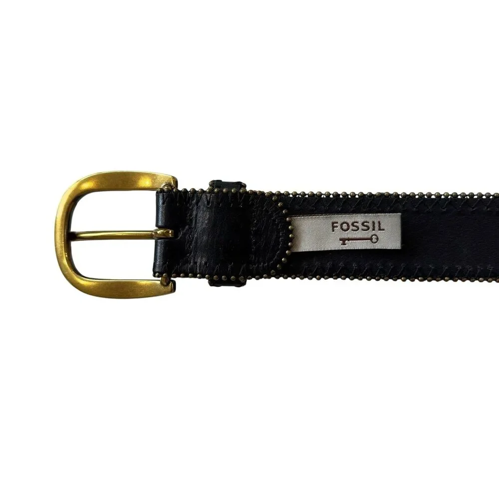 Fossil Black Croc-Embossed Leather Studded Belt Gold Buckle Size Medium